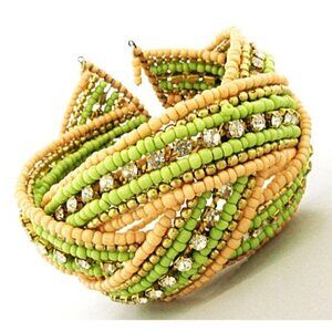Tan & Lime Green Beaded Cuff Bracelet